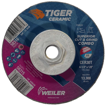 Weiler 4-1/2 in Dia, 1/8 in Thick, 5/8 in-11 UNC Arbor Hole Size, Ceramic, 30 Grit 58316